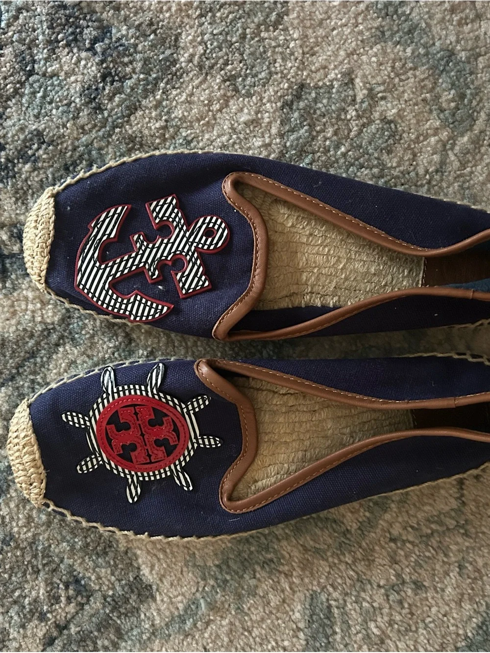 Tory Burch Navy Canvas Espadrilles with Red Anchor and Brown Trim